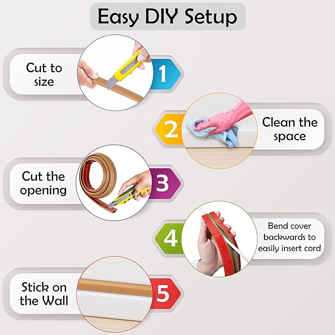 Rubber Bond TV Cord Hider Cable Protector - Strong Self Adhesive Wall Cord Cover Cable Hider - Low Profile Cable Management Wall Cord Concealer Cable Raceway
