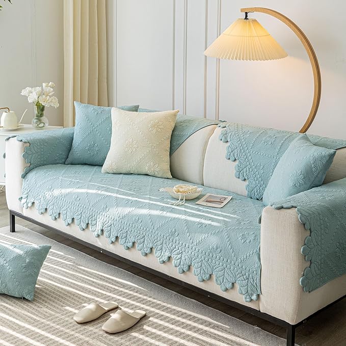 Cotton Quilted Dog Couch Cover for Sofa Farmhouse Rustic Embroidery Sectional Couch Cover Soft Anti-Slip Sofa Slipcover Furniture Protector for Kids, Pets (Blue,36"x70")