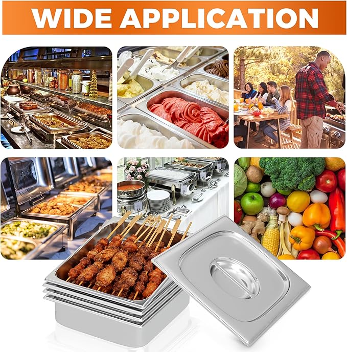 4 Pack Hotel Pans with Lids 1/2 Size 4" Deep, Stainless Steel Steam Table Pan with Lid, Commercial Metal Buffet Food Storage Container, Anti-Jam Design, for Restaurant, Kitchen, Party, Home