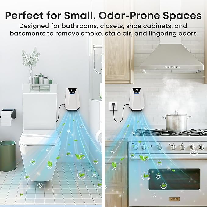 Ozone & Negative Ion, 99% Odor Eliminator for Strong Odors, Cat Litter Box Deodorizer, Air Ionizers for Dog Poop Odor Removal, for Toilet, Wardrobe, Shoe Closet, Garage, Room, Cabinet, Silver
