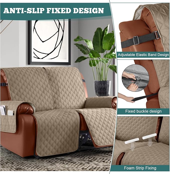 Ruaozz Waterproof Recliner Sofa Covers, 1-Piece Reclining Couch Covers Non-Slip Sofa Slipcover Washable Furniture Protector with Elastic Straps Pocket for Kids Pets (Khaki, 2 Seater)