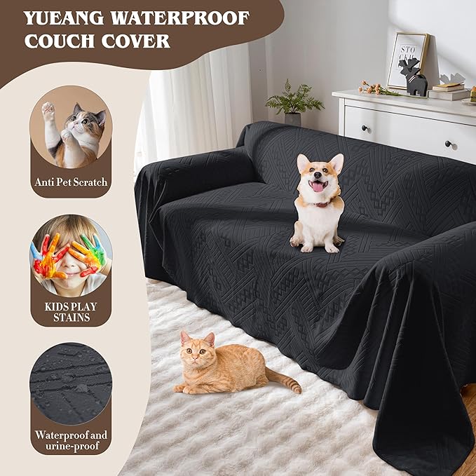 Waterproof Couch Cover, Reversible, Pet-Friendly, Washable and Anti-Slip Sofa Covers for Sofa Protection with 2 Cushions, Ideal Sofa Slipcovers for Dogs and Cats (71×102in/Black)