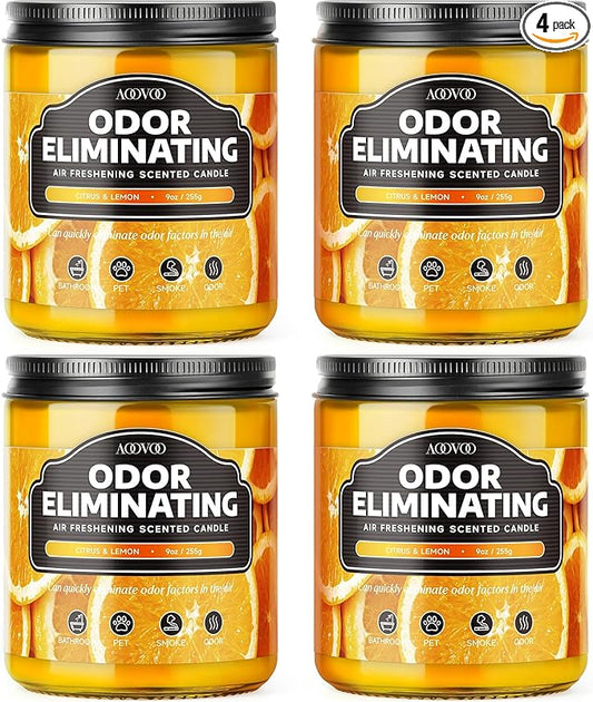 AOOVOO 4 Pack Citrus Lemon Odor Eliminating Highly Fragranced Candle - Eliminates 95% of Pet, Smoke, Food, and Other Smells Quickly, Non Toxic Air Freshing Soy Candle
