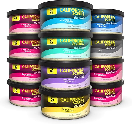 California Scents Can Air Freshener and Odor Neutralizer, Set of 12 Spillproof Cans for Home and Car, Assorted Scents, 1.5 Oz Each (Packaging May Vary)