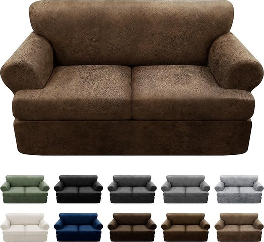 3-Pieces T Cushion Loveseat Slipcovers Leather Look Couch Cover Loveseat Covers for 2 Cushion Couch Furniture Protector Stretch Sofa Cover with 2 Individual T Cushion Seat Covers, Brown