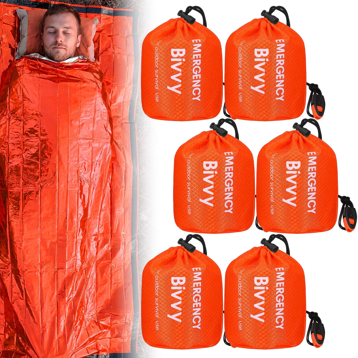 6 Pack Emergency Survival Sleeping Bags, Orange Thermal - Image 1