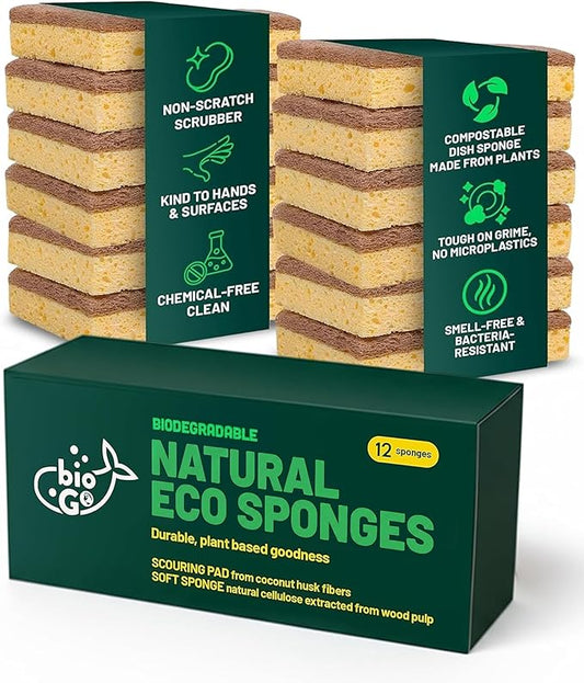bioGo 12 Pack Natural Biodegradable Kitchen Sponges - Eco-Friendly, Compostable, Cellulose Dish - Compostable - Biodegradable - Cellulose Sponge