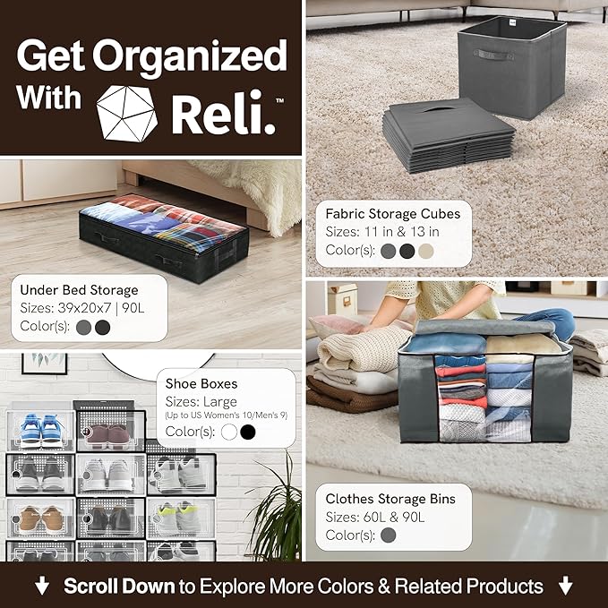 Reli. Shoe Boxes (7 Pack) | Clear Shoe Storage Boxes Stackable and Compact | Lightweight Plastic Storage Box with Ventilation Holes, Swing Door | Interlocking Containers, Stackable Rack | Black