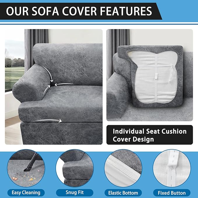 3-Pieces T Cushion Loveseat Slipcovers Leather Look Couch Cover Loveseat Covers for 2 Cushion Couch Furniture Protector Stretch Sofa Cover with 2 Individual T Cushion Seat Covers, Light Grey