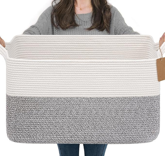Goodpick Woven Storage Baskets for Organizing 22”x17”x12” Large Blanket Basket for Living Room Home Decor, Rectangle Rope Toy Basket for Kids, Gift Baskets Empty with Handles, Gray