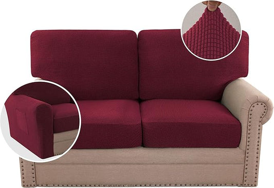 H.VERSAILTEX Multi-Pieces Sofa Covers Stretch Couch Covers Form Fitted Seats and Back Cushions Covers (2 Seat Covers Plus 2 Back Cusion Covers, Bonus 2 Armrest Covers), Burgundy