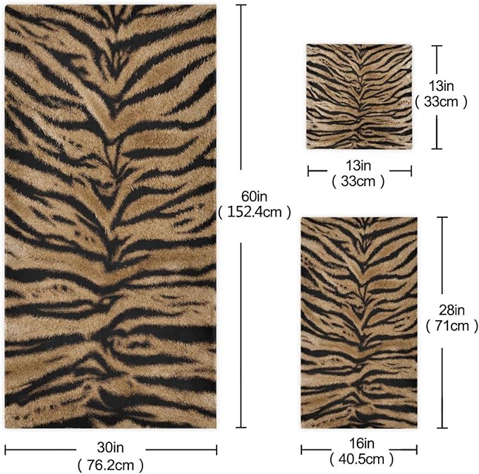 3 Piece Tiger Skin Print Bath Towel Set,Microfiber Absorbent Brown Black Striped Animal Tiger Decorative Bathroom Towels,1 Bath Towel 1 Hand Towel for Bathroom Kitchen,1 Washcloth for Face