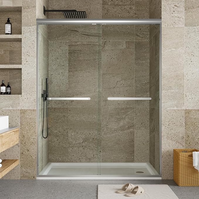 Semi-Frameless Shower Door 44-48" W x 72" H, Double Sliding Doors, Tempered Glass, Easy-Clean & Durable Bathroom Door with Hardware Kit