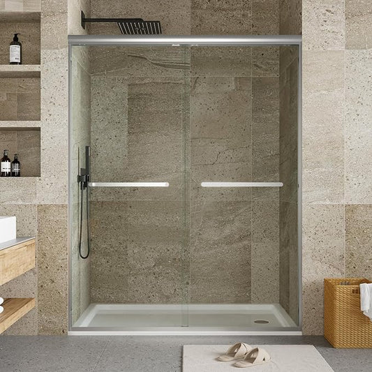 Semi-Frameless Shower Door 56-60" W x 72" H, Double Sliding Doors, Tempered Glass, Easy-Clean & Durable Bathroom Door with Hardware Kit