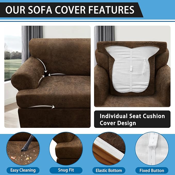 2-Pieces T Cushion Armchair Slipcovers Leather Look Couch Cover Chair Covers Stretch Furniture Protector Sofa Cover with 1 Individual T Cushion Seat Cover Slipcover Sets Washable, Brown