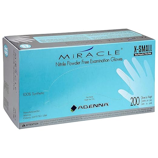 Adenna Miracle 4 mil Powder-Free Nitrile Exam Gloves, Medical Grade, Blue, X-Small, Box of 200
