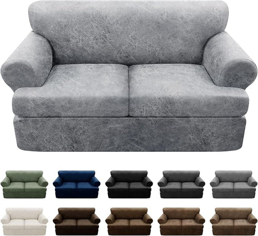 3-Pieces T Cushion Loveseat Slipcovers Leather Look Couch Cover Loveseat Covers for 2 Cushion Couch Furniture Protector Stretch Sofa Cover with 2 Individual T Cushion Seat Covers, Light Grey