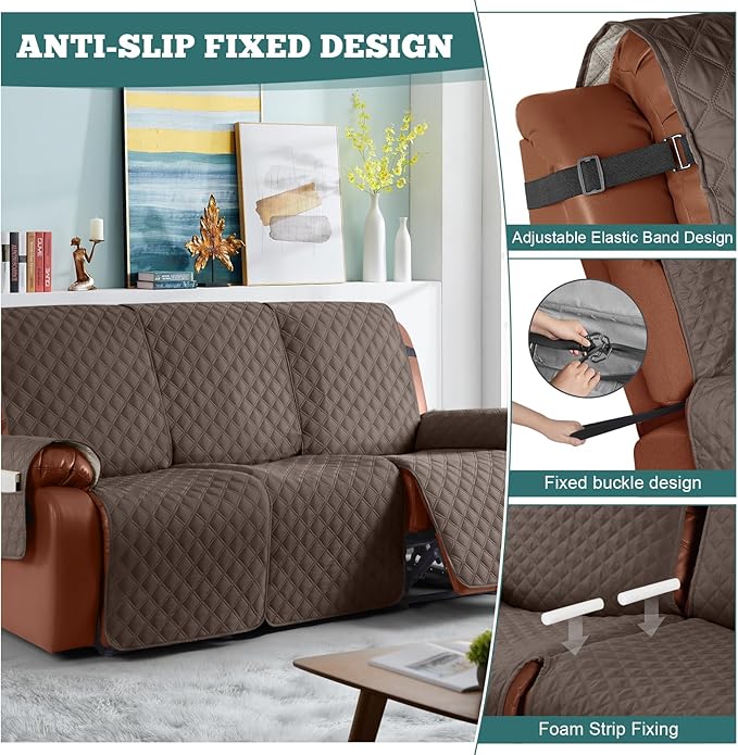 Ruaozz Waterproof Recliner Sofa Covers, 1-Piece Couch Covers for Reclining Couches Reclining Couch Cover Washable Furniture Protector with Elastic Straps Pocket for Kids Pets (Brown, 3 Seater)