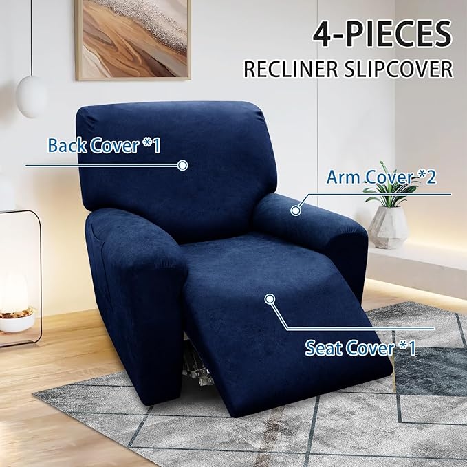Chair Covers 4-Pieces Recliner Chair Covers 1 Seater Cover for Recliner Chair Leather Look Recliner Slipcovers with Pockets Spandex Fabric Furniture Covers(XL Recliner, Navy)