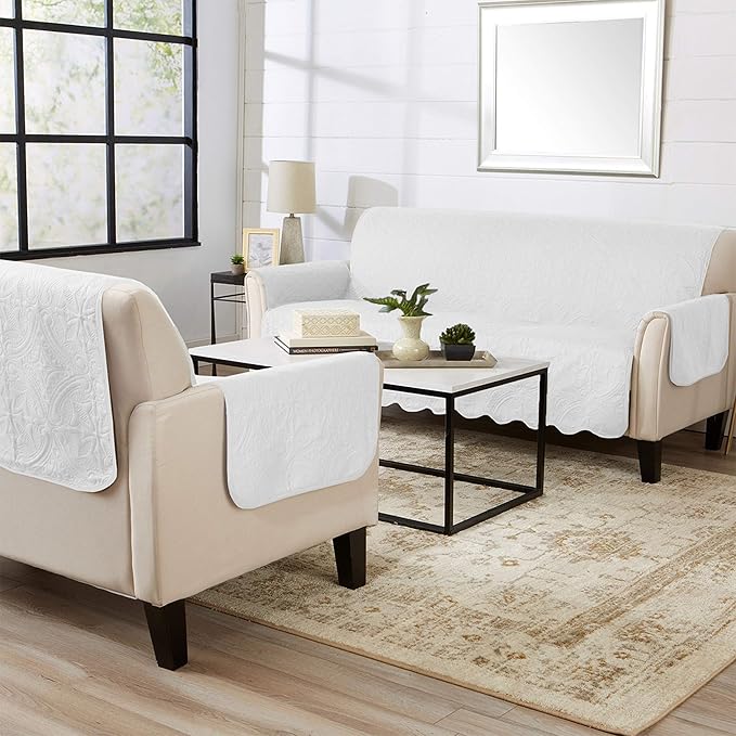 Great Bay Home Reversible Sofa Cover - Washable Slipcover Furniture Protector with Elastic Straps - Couch Cover for Dogs, Kids, and Pets - Quilted & Stitched Detail (Sofa, White/Sand)