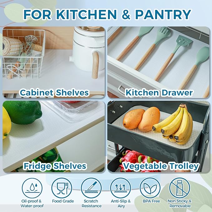 Hersvin Shelf Liners 14 in x 20 ft EVA Drawer Mats, Non-Adhesive Cupboard Protector, Kitchen Cabinet Lining Fridge Liner (White Stripe, 35.6x610cm)