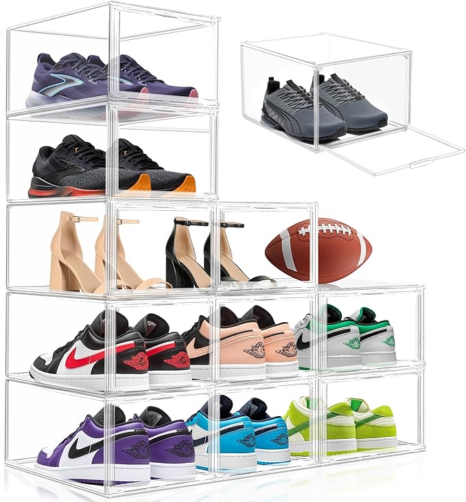 1 Pack Drop Front Shoe Boxes Acrylic Box Sneaker Case Size 12, Transparent Display Cases for Sneaker Collections, Baseball Caps, Hat Organizer Dust-free Shoe Cubbies Stackable Sneaker Boxes