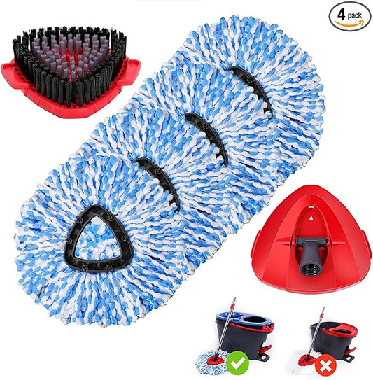 4 Pack Spin Mop Replacements Heads, Microfiber, Compatible with Oceda RinseClean 2-Tank System, Includes 1 Gray Mop Scrub Brush, 1 Mop Base, 4 Easy Cleaning Mop Heads, Blue Color