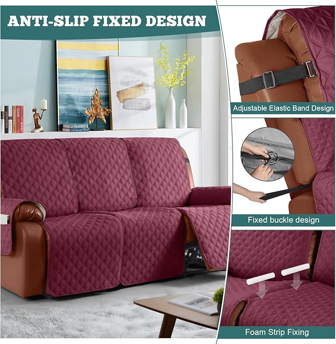 Ruaozz Waterproof Recliner Sofa Covers, 1-Piece Couch Covers for Reclining Couches Reclining Couch Cover Washable Furniture Protector with Elastic Straps Pocket for Kids Pets (Wine, 3 Seater)