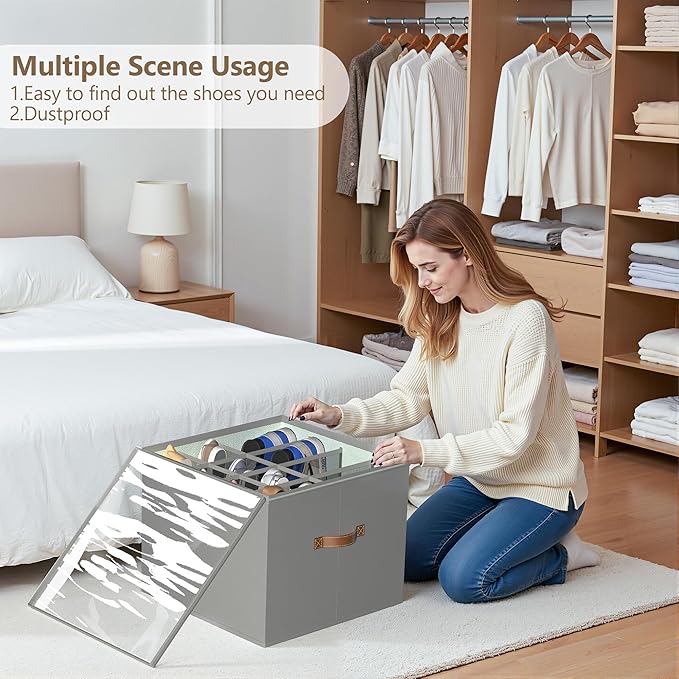 Shoe Organizer for Closet,2 Pack Shoe Storage Bins Foldable Shoe Storage Box Containers with Clear Cover and Sturdy Handles,Shoe Rack for Closet Storage for Sneakers Heels Slippers (Grey)