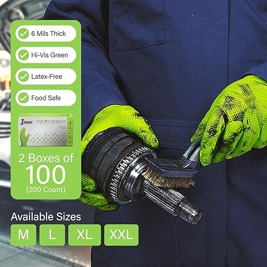 1st Choice 6 mil Green Gloves, Disposable, Latex Free, Raised Diamond Grip, Mechanic Glove for Men, Large, 2 Boxes of 100