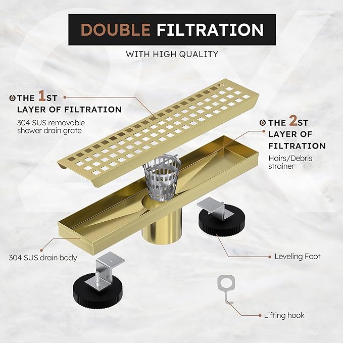 Linear Shower Drain 12 Inch, Modern Rectangle Shower Floor Drain with Removable Quadrato Pattern Grate, Stainless Steel SUS 304, Linear Drain with Leveling Feet& Hair Strainer