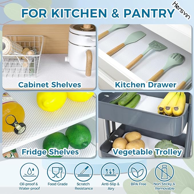 Hersvin Shelf Liners 10 in x 20 ft EVA Drawer Mats, Non-Adhesive Cupboard Pad, Kitchen Cabinet Lining Fridge Cushion (White Dot, 25.4cmx610cm)