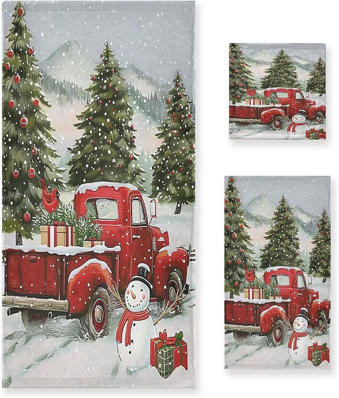 Pfrewn Snowman Red Truck Xmas Tree Towels Set of 3 Christmas Winter Bathroom Towel Soft Absorbent Bath Hand Towels Washcloth Guest Towel Sets Merry Christmas Xmas Bathroom Decor Gifts