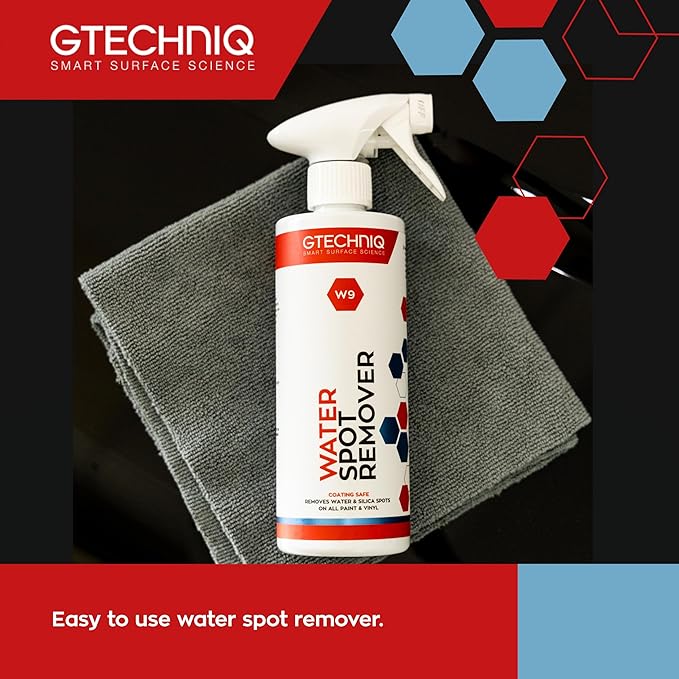 Gtechniq W9 Water Spot Remover for Cars, 33.8 fl oz | Advanced Solution Easily Removes Stubborn Water and Silica Spots from Bodywork, Suitable for Glass, All Paint Types and Vinyl