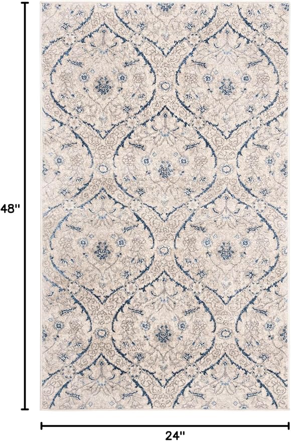 SAFAVIEH Brentwood Collection Accent Rug - 2' x 4', Light Grey & Blue, Floral Damask Trellis Design, Non-Shedding & Easy Care, Ideal for High Traffic Areas in Entryway, Living Room, Bedroom (BNT860G)