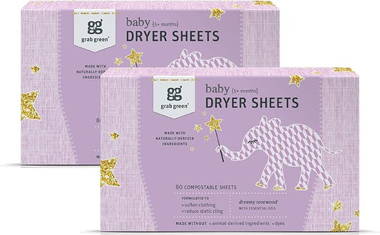 Grab Green Baby Laundry Dryer Sheets, 160 Sheets, Dreamy Rosewood Scent, Plant and Mineral Based, Compostable, Softens Clothing and Linens, Reduces Static Cling