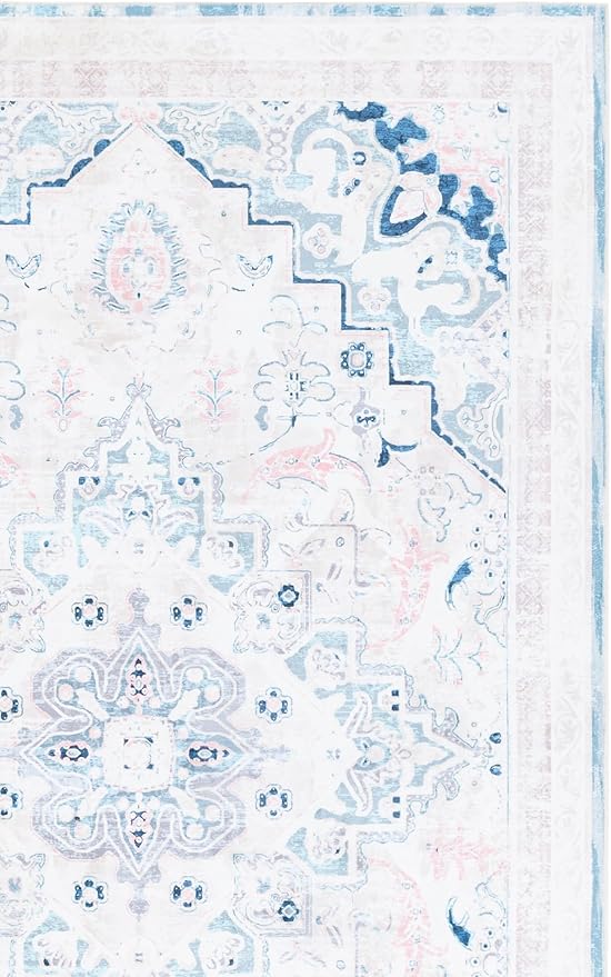 Safavieh Washable Rug Arizona Collection - 5' x 8', Ivory & Aqua, Slip Resistant & Easy to Clean, Ideal for Living Room, Bedroom, Home Office, Dining Space (ARZ324A)