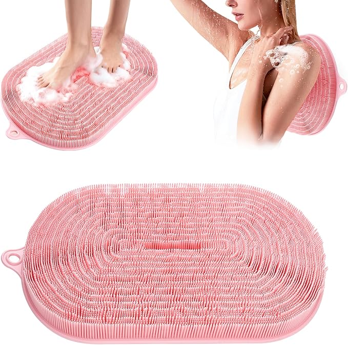 Shower Foot Scrubber - XXL Large Silicone Bath Mat for Exfoliating & Massaging Feet in Shower, Non-Slip Suction Cups, Dead Skin Remover, Callus Cleaner for Men & Women, 20.9"x13.8" Pink
