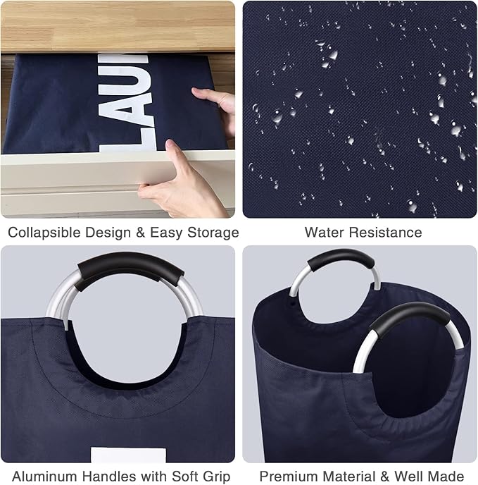 Large Laundry Basket Collapsible，Freestanding Clothes Hamper Bag with Handles – Tall Folding Dirty Laundry Bin，Sturdy Laundry Sorter for College Dorm，Laundry Room – 130L (Navy Blue)