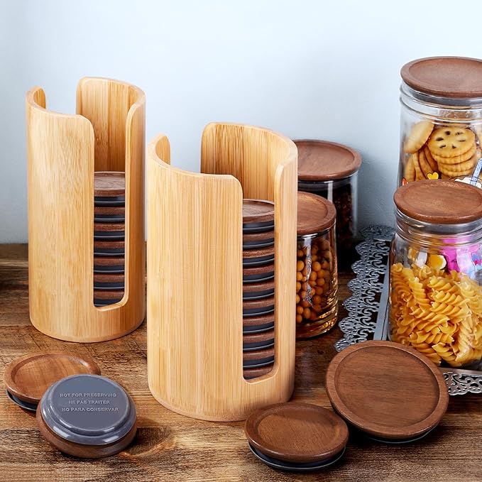 2 Pack Mason Jar Lid Organizer (Wide Mouth & Regular Mouth) Bamboo Ball Jar Wooden Storage Accessories for Home Kitchen Organization & Tumbler Lids, Fit Mason/Canning/Bamboo Lids