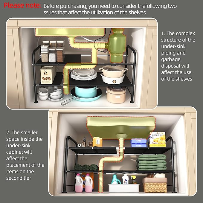 Under Sink Organizers and Storage — 2-Tier Bathroom Sink Cabinet Organizer with 8 Removable Carbon Steel Panels, Height Adjustable, (27.36–36.02)" W × 12.28" D × 16.93" H