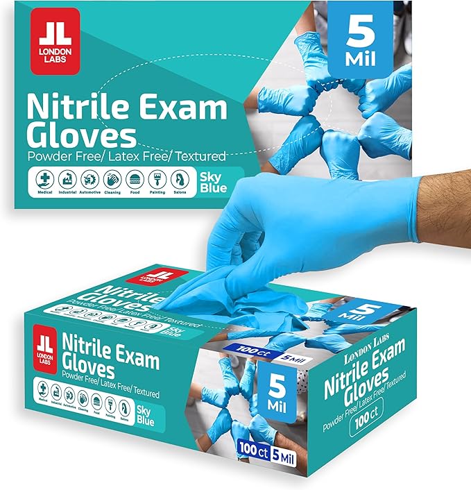 Sky Blue 5 Mil Nitrile Exam Gloves Disposable Latex Free | Medical Rubber Gloves for Doctors, EMT, First Aid Kit, Food Service & Cleaning | Pack of (200 CT)