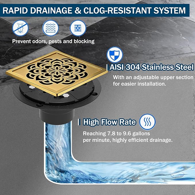 6 Inch Shower Drain, Square Shower Floor Drain Kit with Flange and Removable Cover Grate, AISI 304 Stainless Steel, Brushed Gold