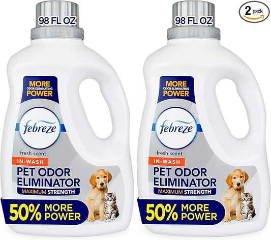 Febreze Laundry Detergent Additive for Pet Supplies,Maximum Strength In Wash Pet Odor Eliminator,Designed to Remove Tough Odors in Fabrics and Clothing-in a Wash,Fresh Scent,98 fl oz,(Pack of 2)