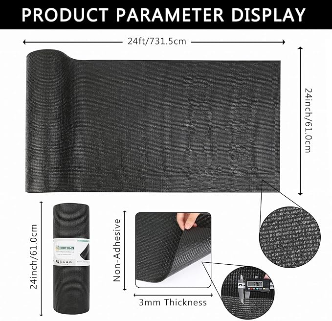 Foam Toolbox Liner Drawer Mat 1/8 Inch Thick X 24 Inch Wide X 24 Ft Long Black, No Slip for Protecting Cabinet, Garage, Cart, Tool Box