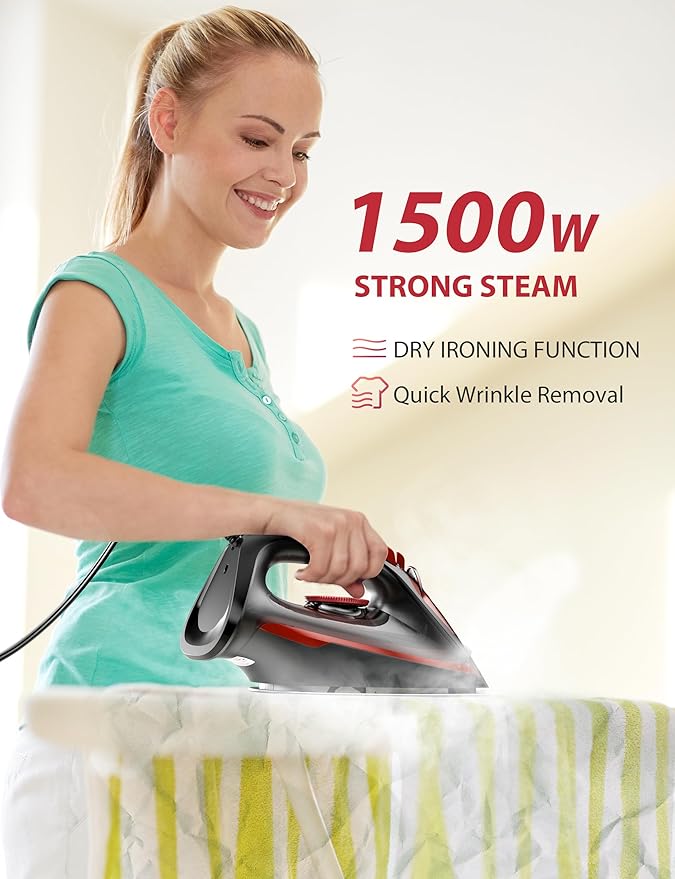 Steam Iron for Clothes, 3-Way Auto Shutoff, Ceramic-Coated Soleplate with Burst Steam, Anti-Drip and Anti-Calc, Self-Cleaning, 1500W Powerful for Home Use