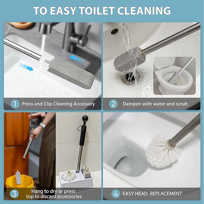 Toilet Bowl Cleaner Brush and Holder Set, Pumice Stone with Handle for Cleaning, 16.14 Inch Hard Water Stain Remover with 2 Different Types of Scrubbing Brushes, Wall Mounted Scouring Stick Household