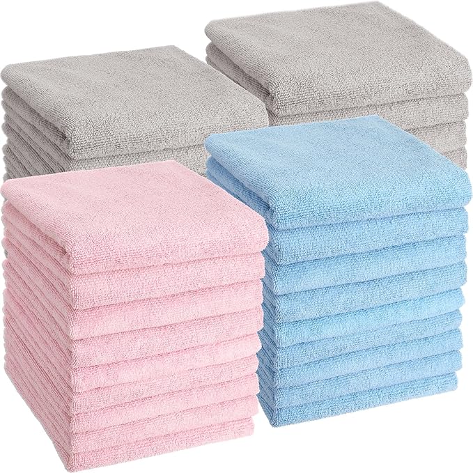 Shimeyao 40 Pack Bleach Proof Towels Microfiber Absorbent Resistant Hair Hand Towels Bulk Quick Dry for Barber Gym Bath Spa Shaving (Light Pink Blue Grey,16 x 29 Inch)
