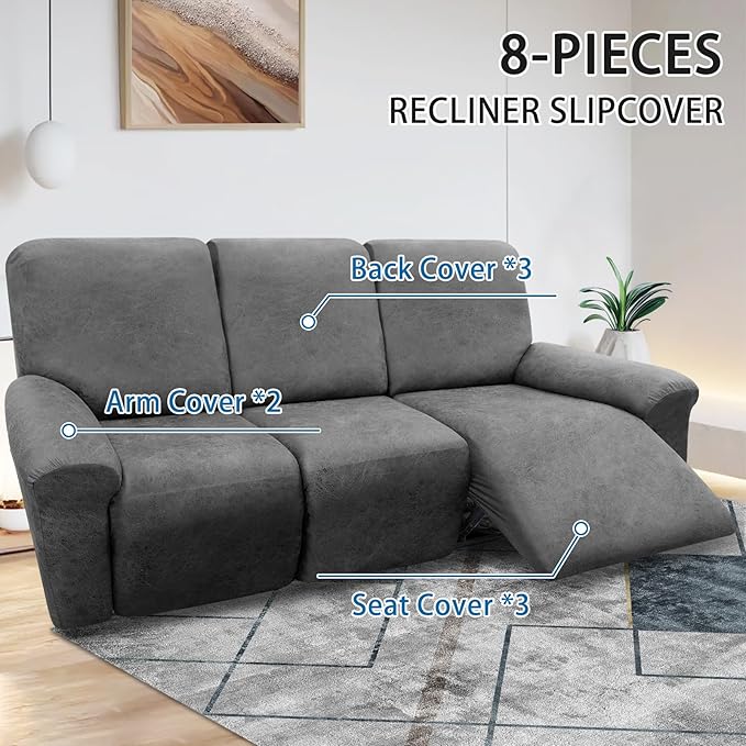 Couch Covers 8-Piece Set, Washable Recliner Sofa Covers 3 Seater Leather Look Slipcovers with Pockets, Spandex Fabric, Grey