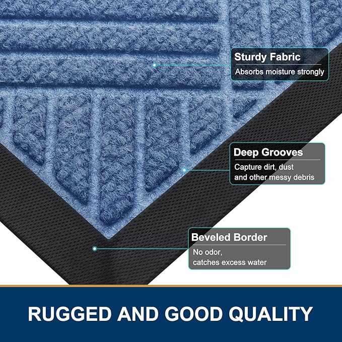 Smiry Front Door Mat Outside Entrance, Heavy Duty Outdoor Indoor Mat, Natural Rubber Doormat, Non Slip, Trap Dirt and Moisture, Easy Clean, Low Profile Patio Porch Entryway Mat, 71x47, Blue